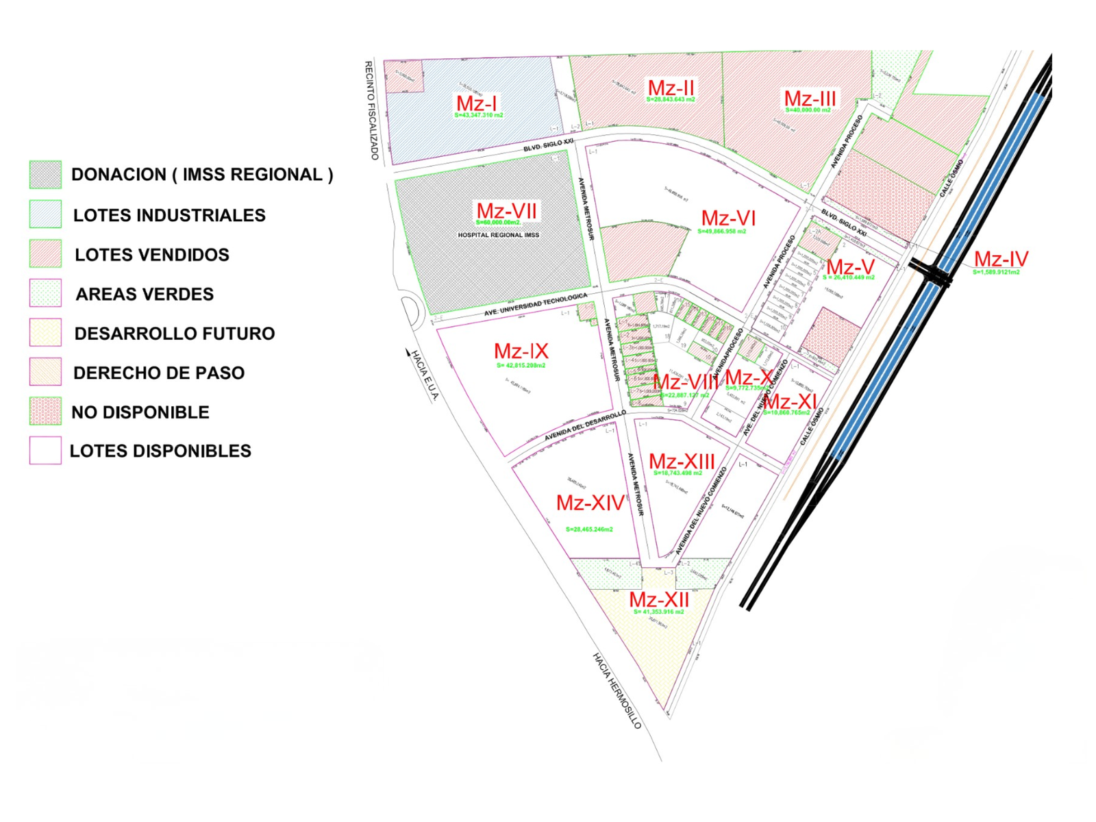 Mapa de lotificación de Metro Sur Nogales: plano técnico con manzanas industriales, comerciales y áreas de servicios.